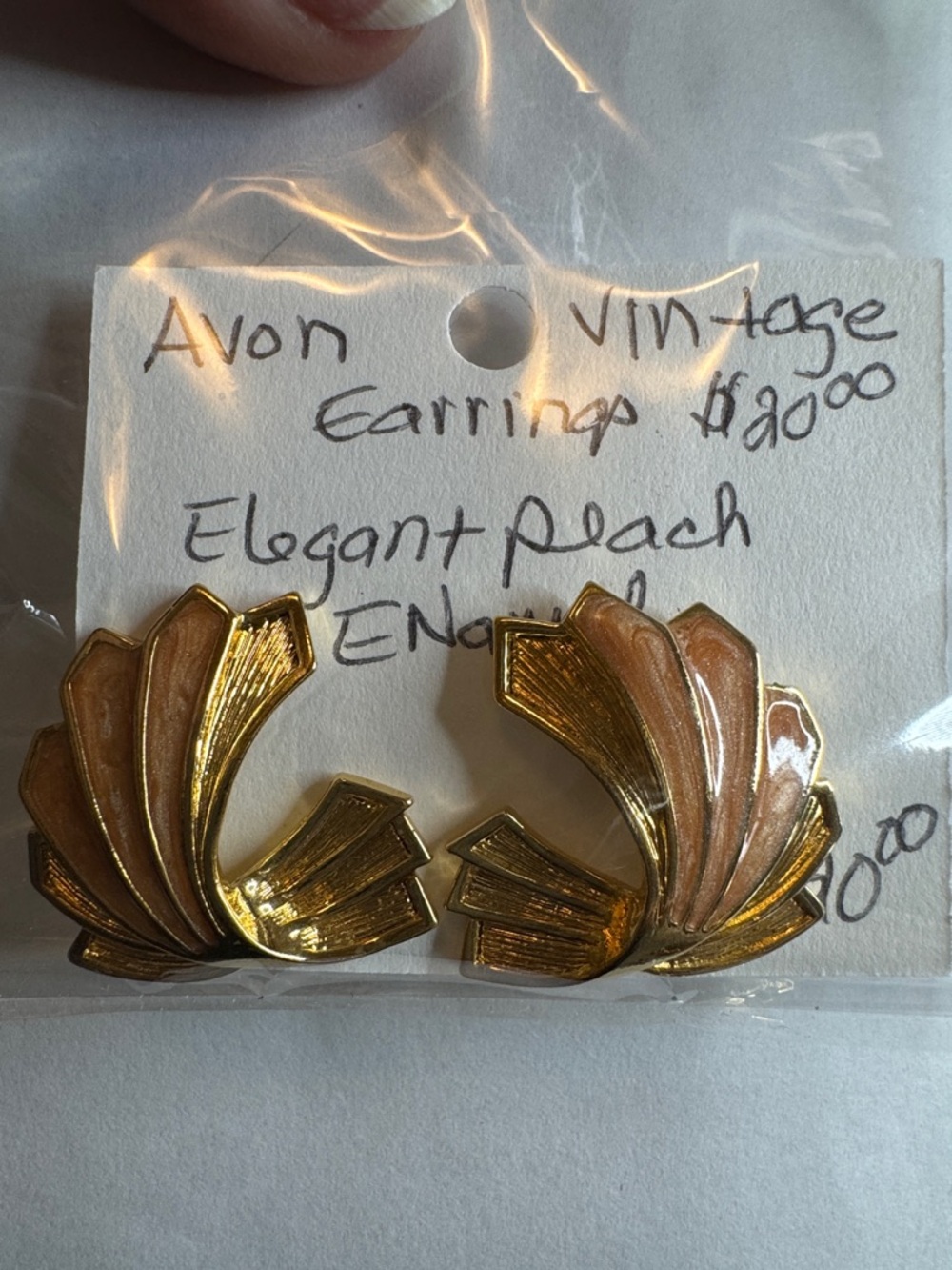 Avon Gold and Peach Enamel Fan pierced Earrings